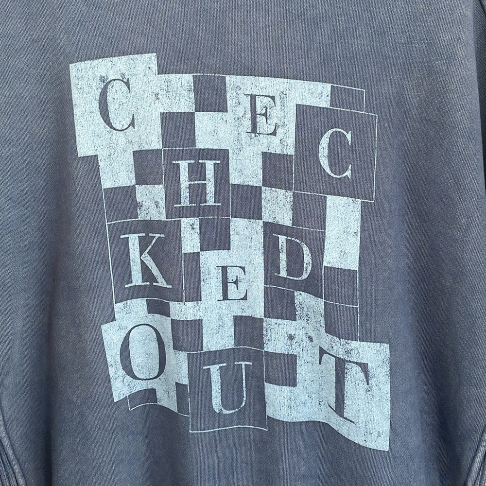 AERIE Down-To-Earth Crewneck Sweatshirt Checked Out Faded Blue Ribbed Oversize S - Picture 2 of 15